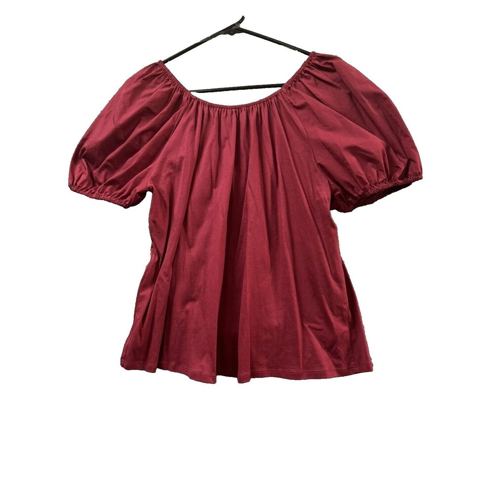 A New Day Blouse Shirt Womens Medium Red Short Sleeve Back Tie Cotton Top